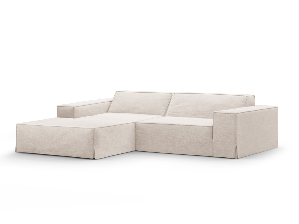 Modulares Ecksofa links Jodie mit Meridienne, Stoffbezug und schwarzen Beinen