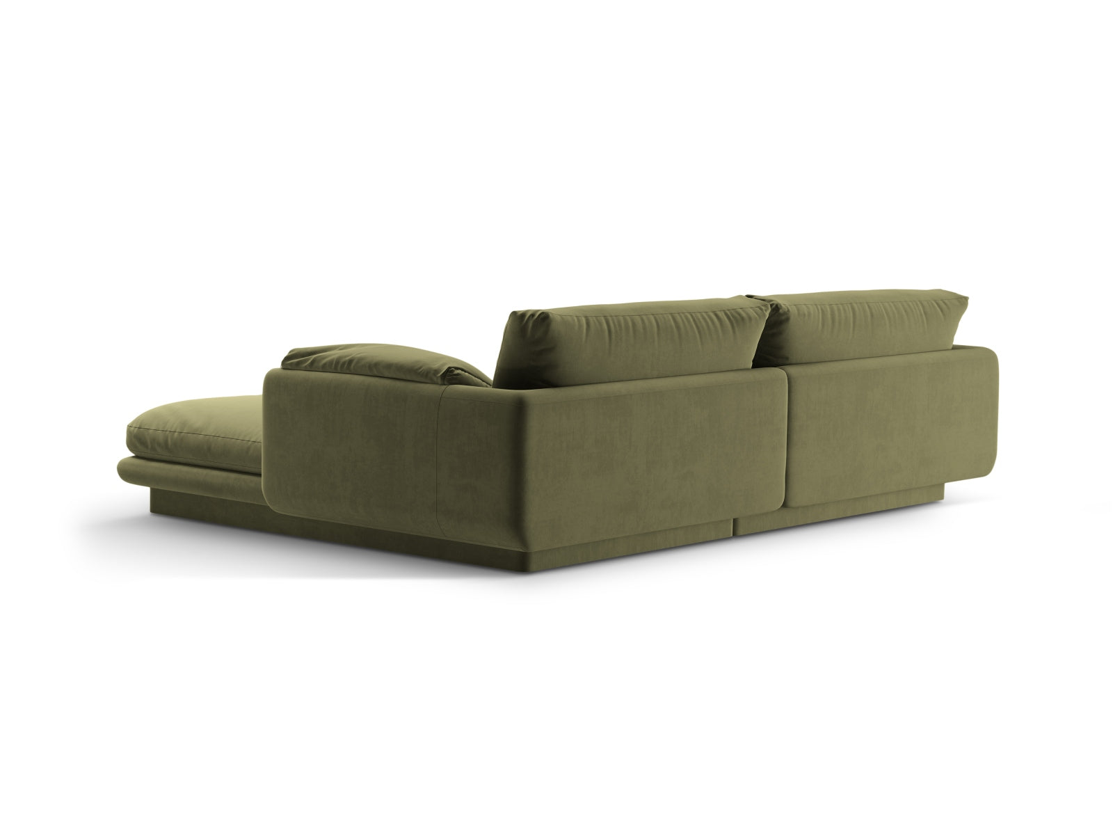 Modernes Torino Velour L-Sofa in zartem Grün, 3-Sitzer mit linksseitiger Armlehne, perfekt für gemütliche und stilvolle Wohnbereiche.