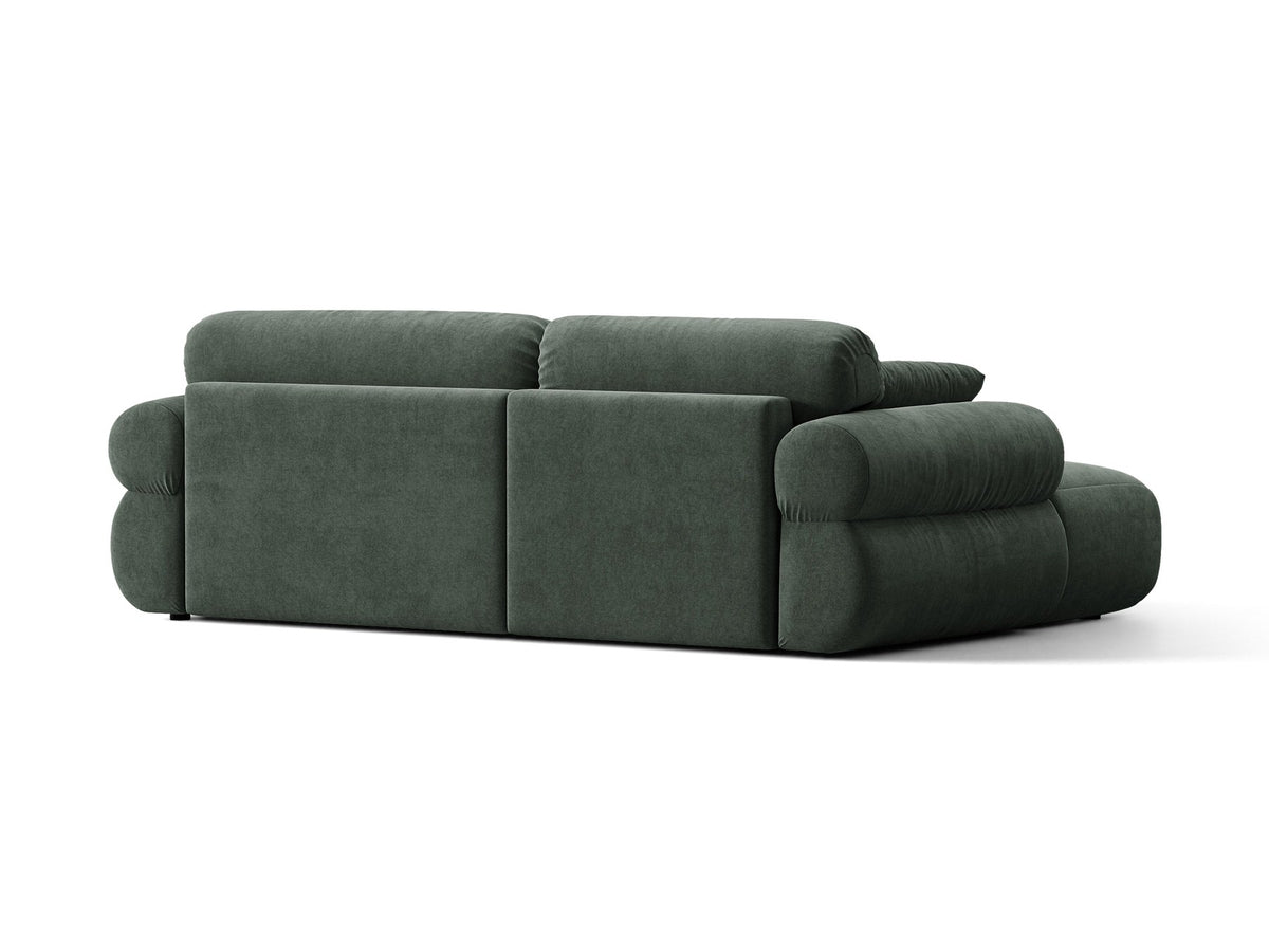 Beiges L-förmiges Ecksofa Ophelia von Micadoni mit Liberty-Stoffbezug, schwarzen Kunststoffbeinen und niedriger Rückenlehne, seitliche Ansicht.
