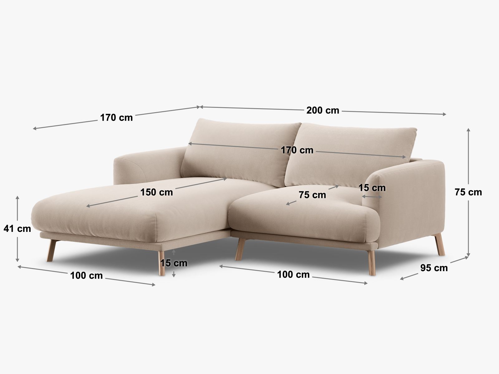 Elegantes 3-Sitzer Ecksofa links Naomi in zeitlosem Grau, perfekt für stilvolle Wohnzimmer und gemütliche Entspannung, von Micadoni.