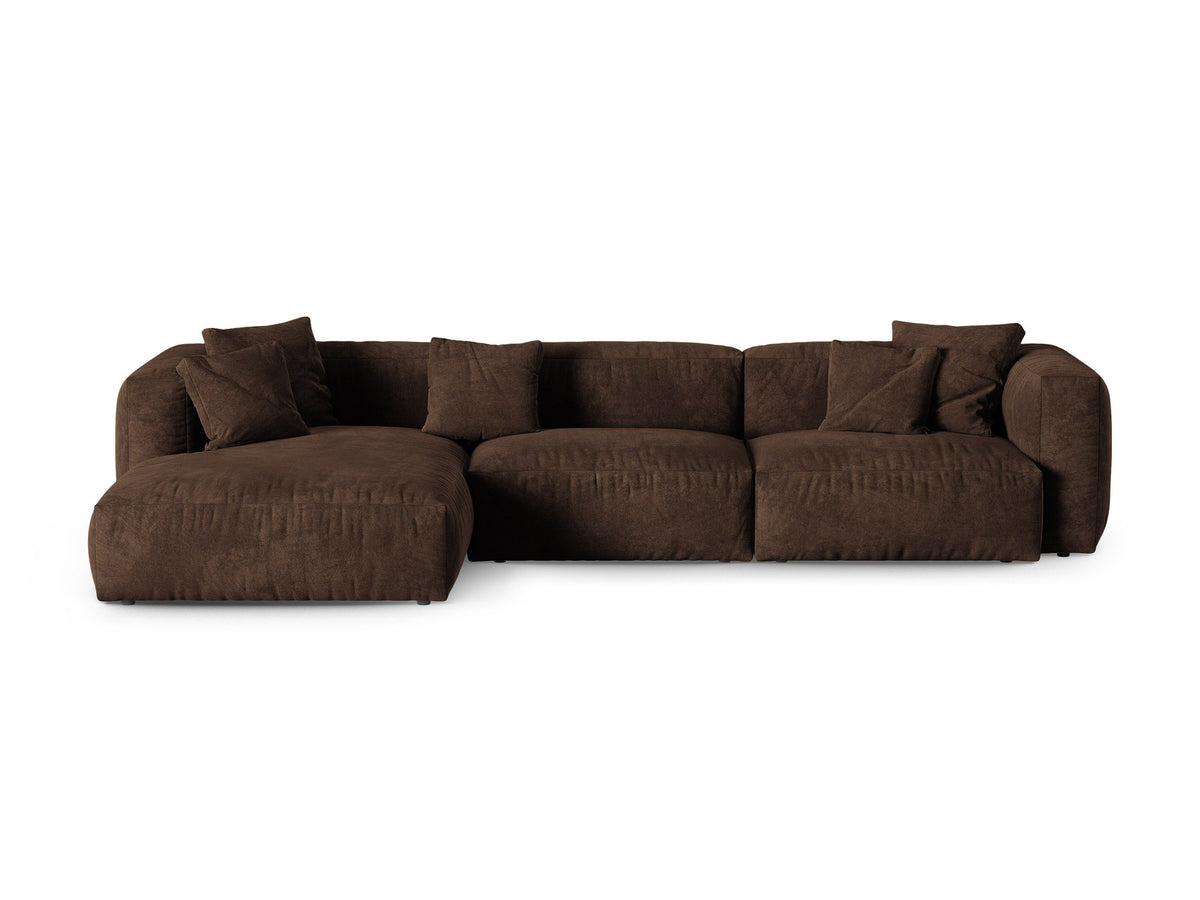 Ecksofa links Martina XL von Micadoni in Schokolade, Veloursstoff Vogue, Beine aus Polypropylen, Grösse 330x176x75 cm.