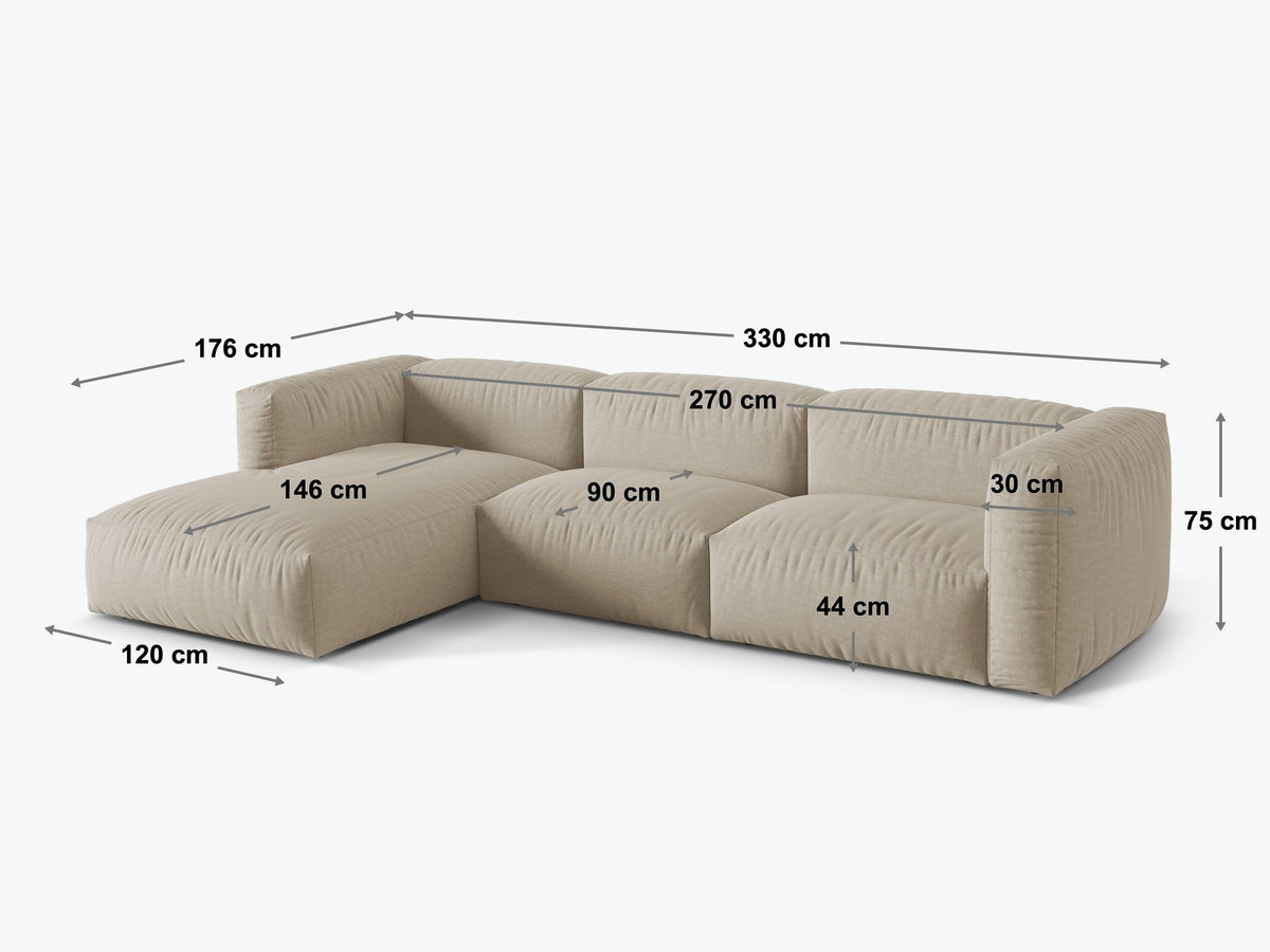 Ecksofa links Martina XL von Micadoni in Schokolade, Veloursstoff Vogue, Beine aus Polypropylen, Grösse 330x176x75 cm.
