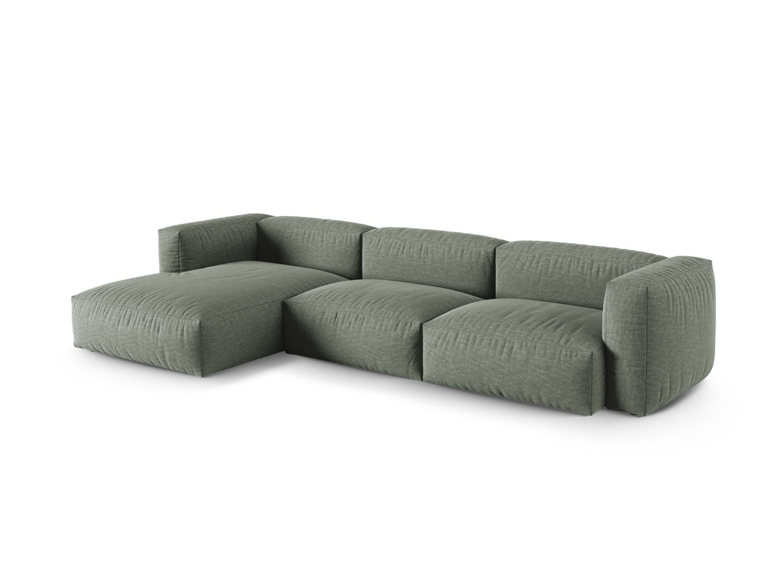 Modulares 3-Sitzer Ecksofa links Martina in stilvollem Moss Green-Boston, ideal für moderne Wohnräume.