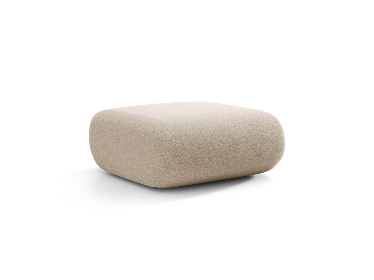 Pouf Neo von Micadoni in dunklem Olivgrün mit Bouclé-Stoffbezug und niedrigen Beinen aus Polypropylen, quadratische Sitzform.