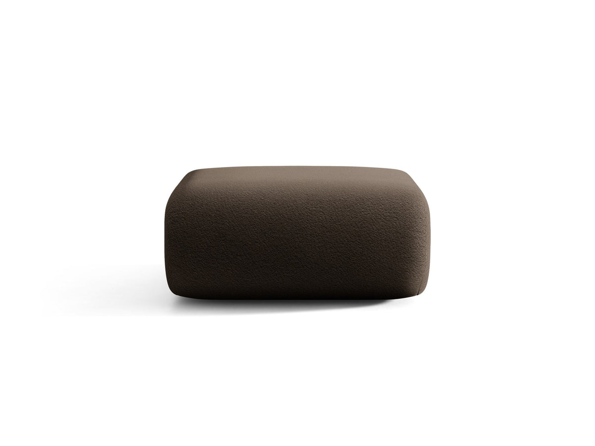 Pouf Neo von Micadoni in dunklem Olivgrün mit Bouclé-Stoffbezug und niedrigen Beinen aus Polypropylen, quadratische Sitzform.