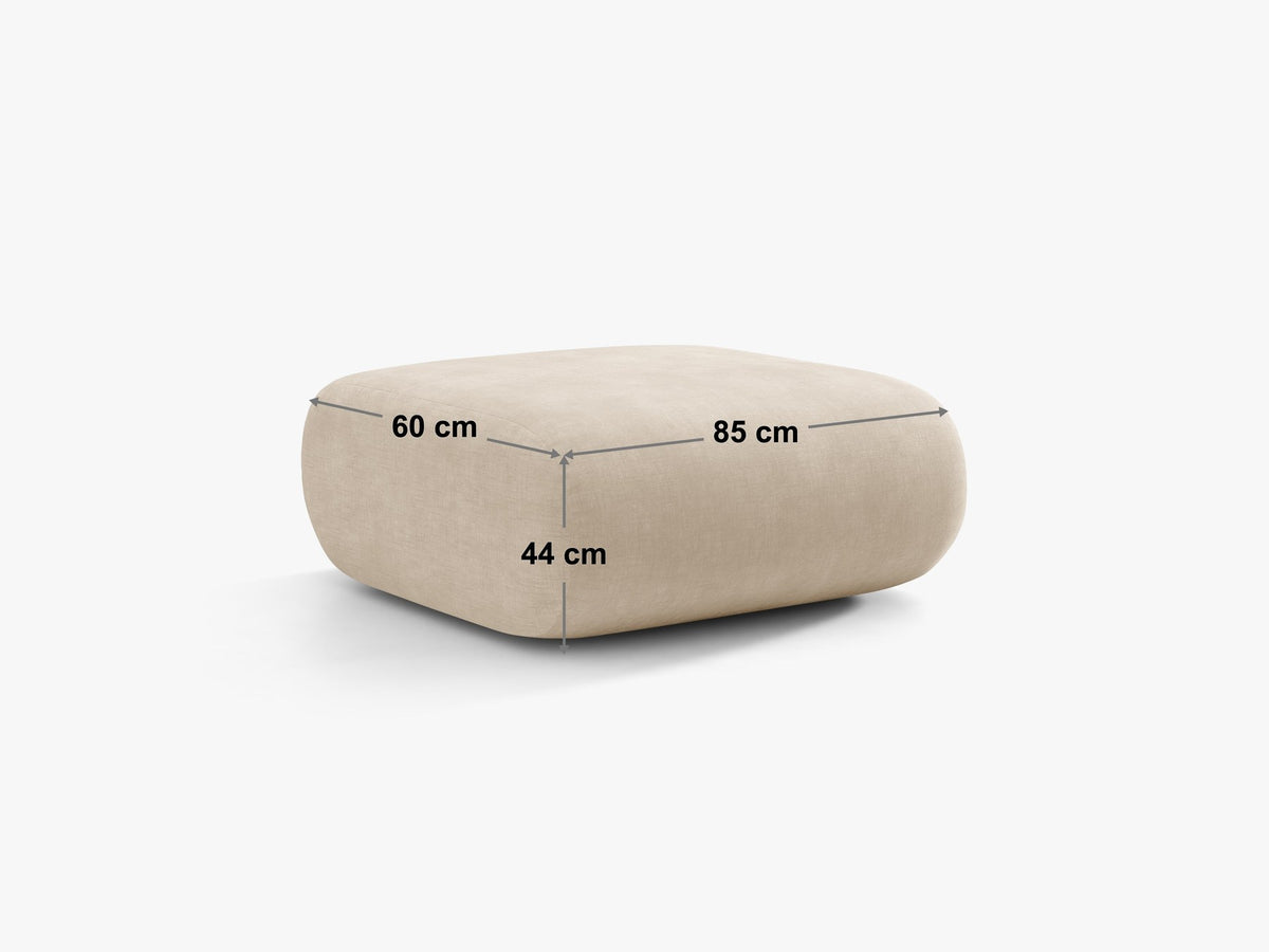 Pouf Neo von Micadoni in dunklem Olivgrün mit Bouclé-Stoffbezug und niedrigen Beinen aus Polypropylen, quadratische Sitzform.