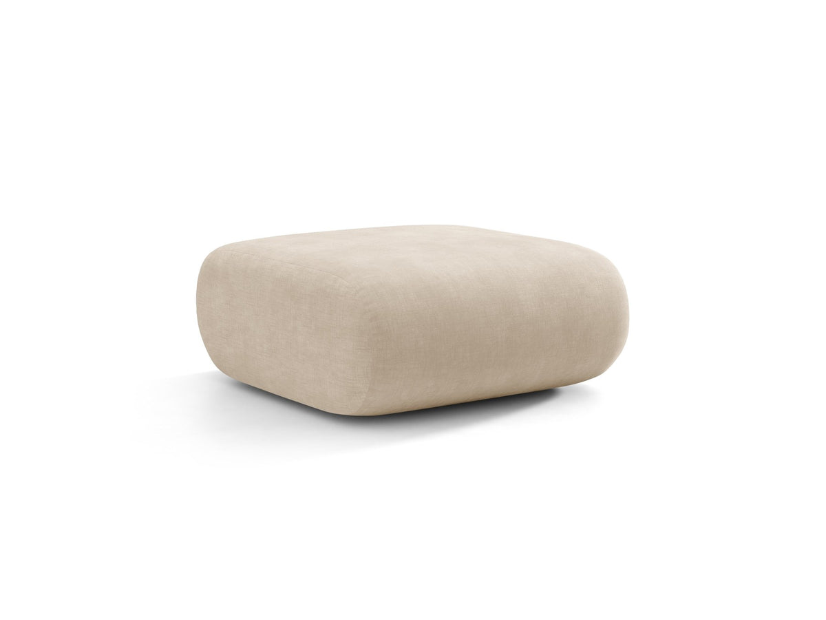 Pouf Neo von Micadoni in dunklem Olivgrün mit Bouclé-Stoffbezug und niedrigen Beinen aus Polypropylen, quadratische Sitzform.