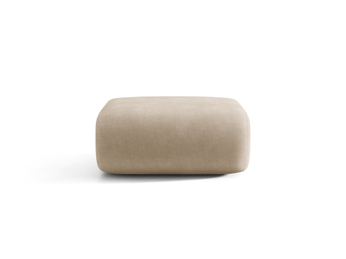 Pouf Neo von Micadoni in dunklem Olivgrün mit Bouclé-Stoffbezug und niedrigen Beinen aus Polypropylen, quadratische Sitzform.