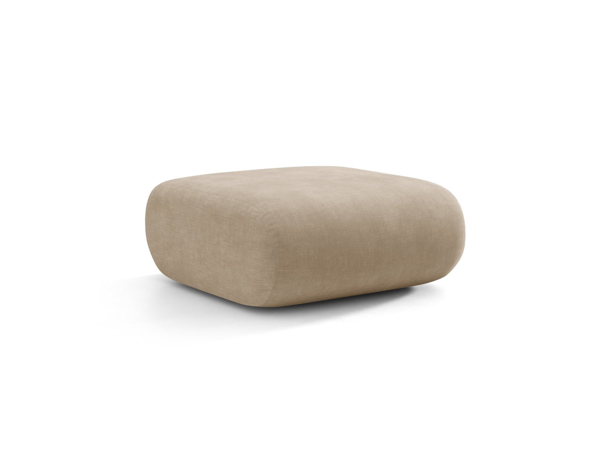 Pouf Neo von Micadoni in dunklem Olivgrün mit Bouclé-Stoffbezug und niedrigen Beinen aus Polypropylen, quadratische Sitzform.