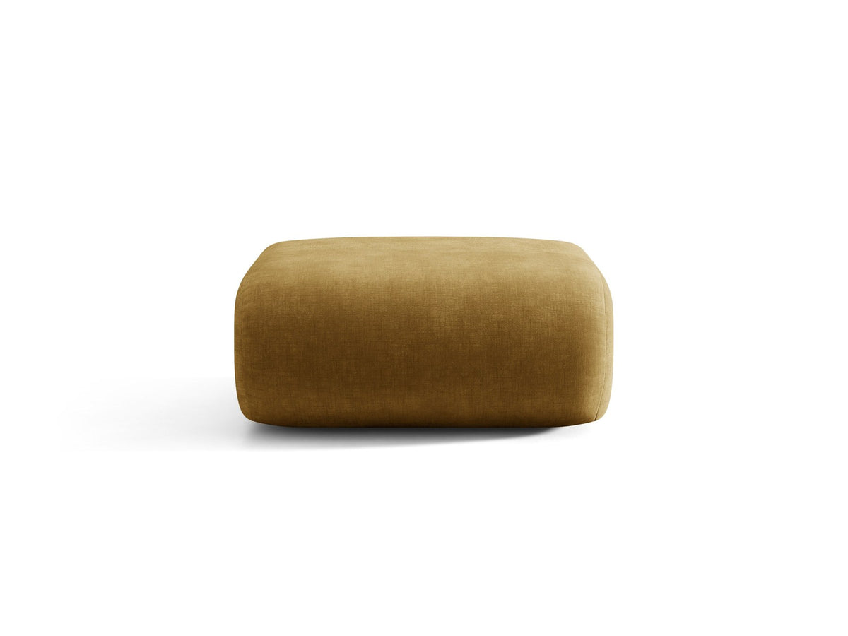 Pouf Neo von Micadoni in dunklem Olivgrün mit Bouclé-Stoffbezug und niedrigen Beinen aus Polypropylen, quadratische Sitzform.