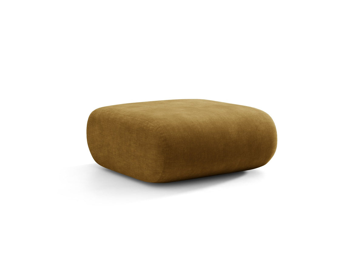 Pouf Neo von Micadoni in dunklem Olivgrün mit Bouclé-Stoffbezug und niedrigen Beinen aus Polypropylen, quadratische Sitzform.