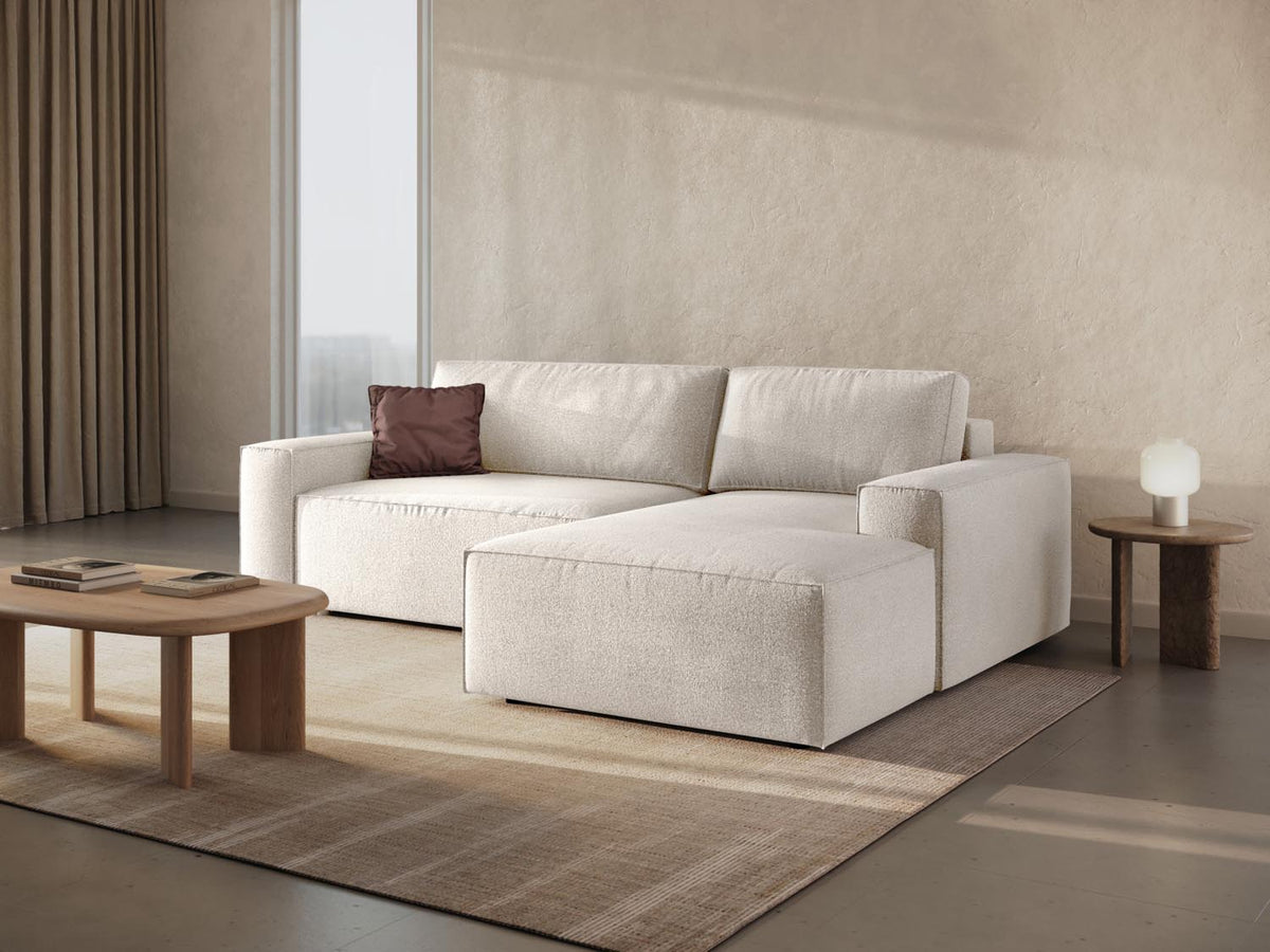 Jodie Boucle Ecksofa rechts mit Schlaffunktion und Stauraumbox 3 Sitzer in White-Baloo präsentiert im Onlineshop von KAQTU Design AG. Bettsofa rechts ist von Micadoni