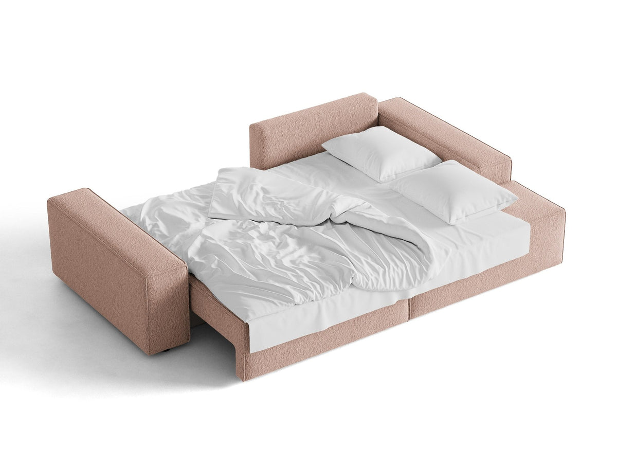 Braunes Ecksofa Jodie von Micadoni mit Bouclé-Stoffbezug, schwarzen Kunststoffbeinen und ausklappbarem Bettkasten, linke Ausrichtung.