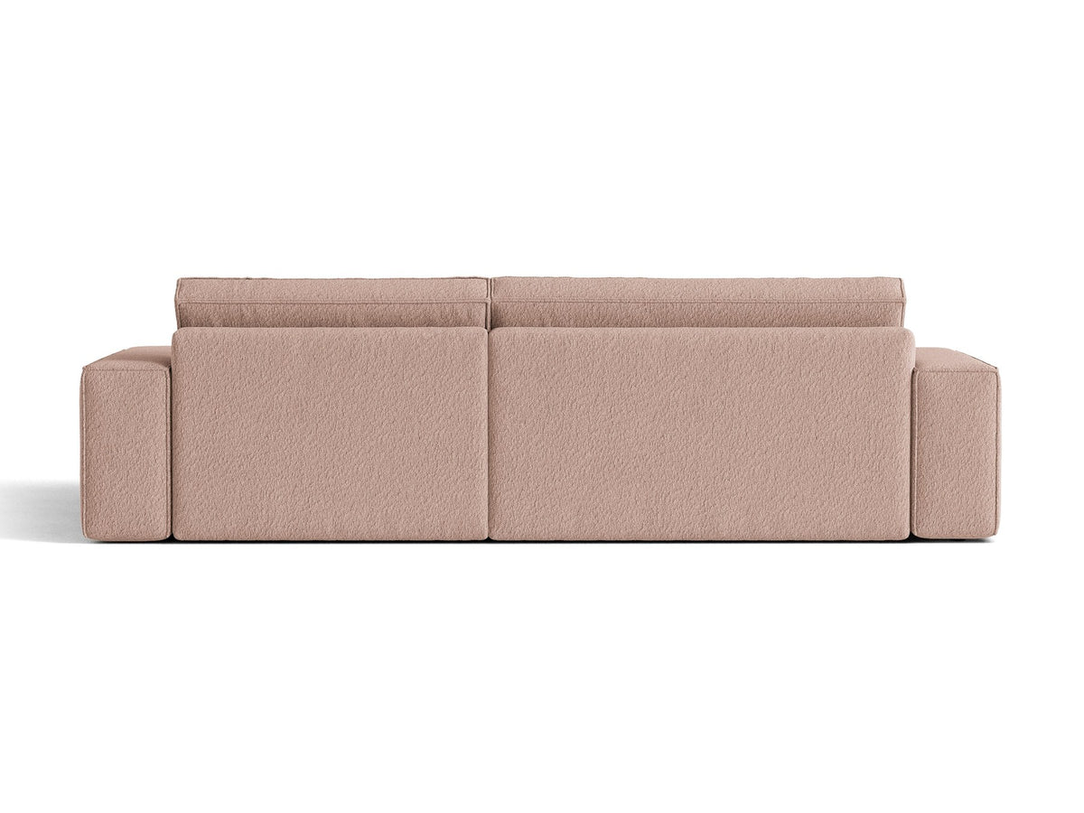 Braunes Ecksofa Jodie von Micadoni mit Bouclé-Stoffbezug, schwarzen Kunststoffbeinen und ausklappbarem Bettkasten, linke Ausrichtung.