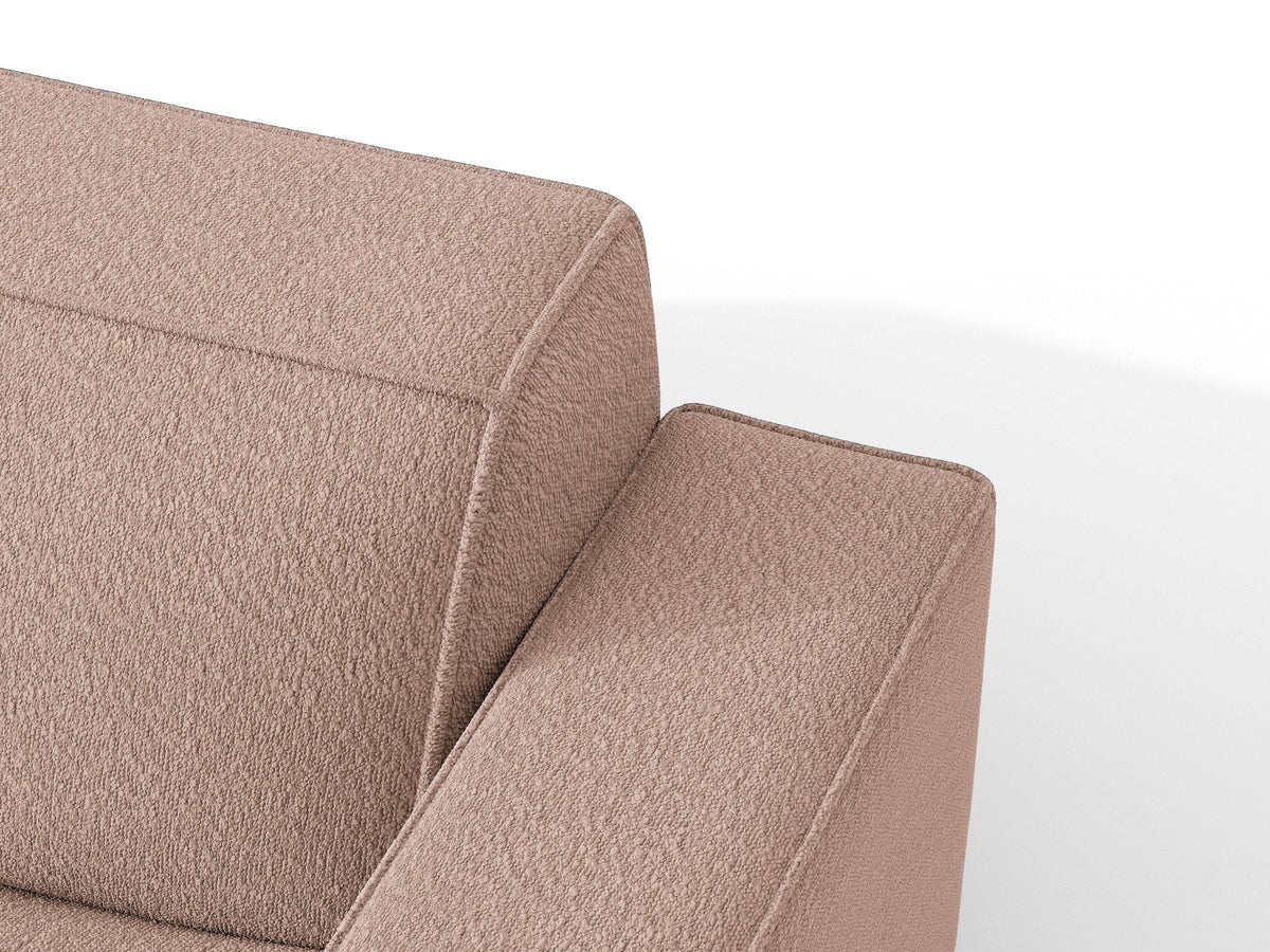 Braunes Ecksofa Jodie von Micadoni mit Bouclé-Stoffbezug, schwarzen Kunststoffbeinen und ausklappbarem Bettkasten, linke Ausrichtung.