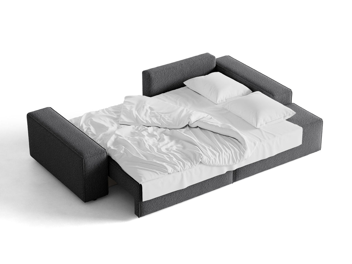 Braunes Ecksofa Jodie von Micadoni mit Bouclé-Stoffbezug, schwarzen Kunststoffbeinen und ausklappbarem Bettkasten, linke Ausrichtung.