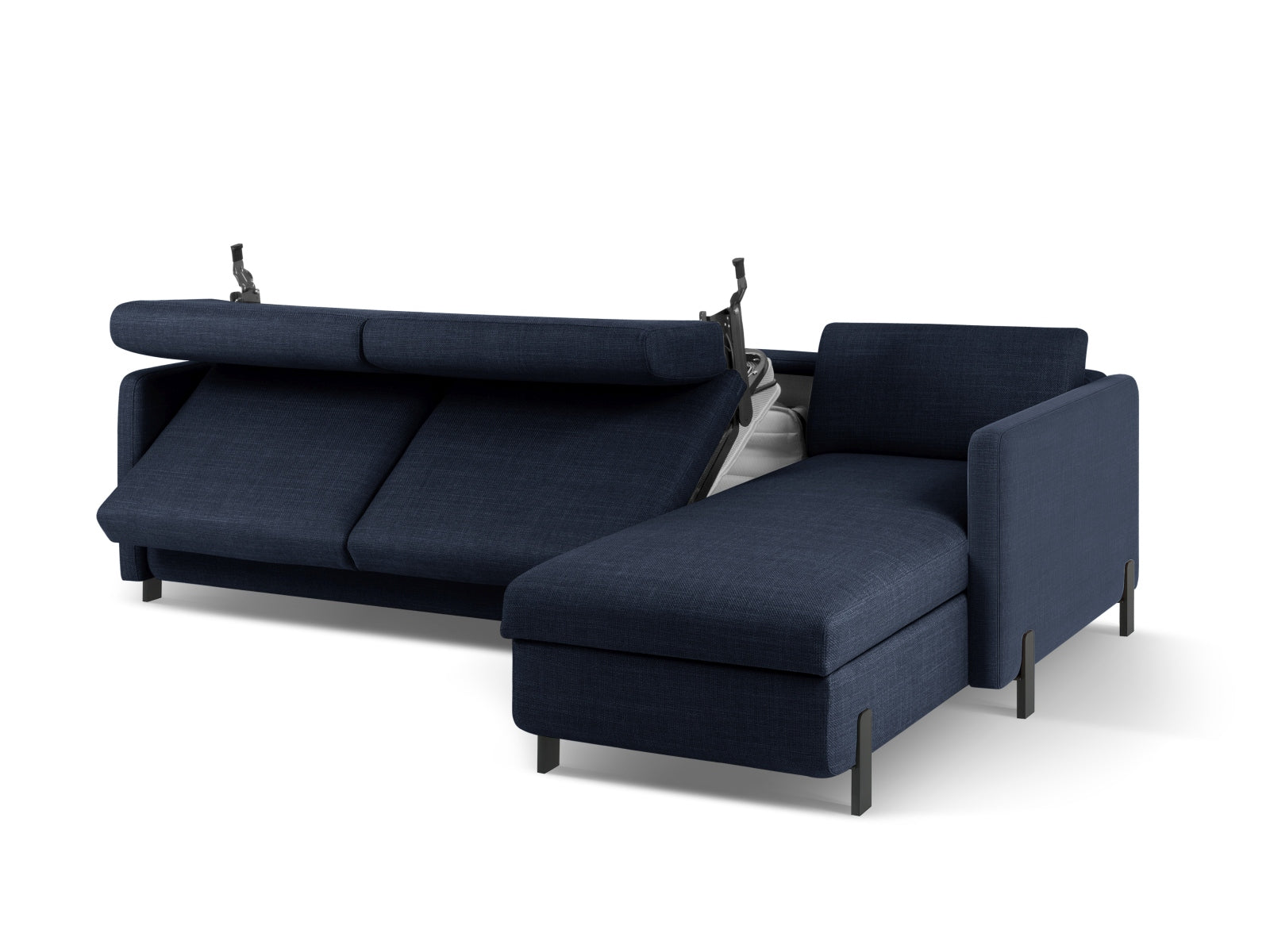 Elegantes, blaues Ecksofa Gloria mit Schlaffunktion und Stauraum, perfekt für entspannte Abende und effiziente Raumnutzung.