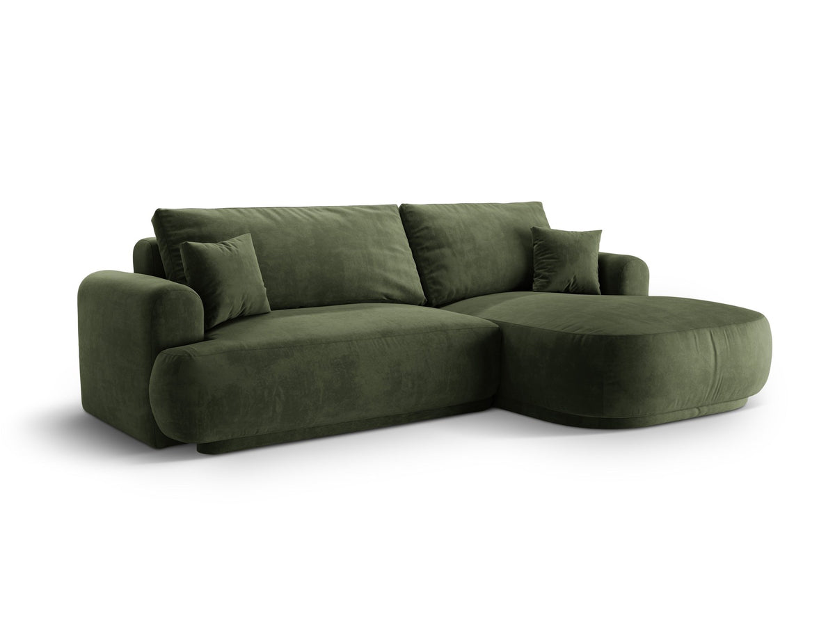 Ecksofa in Leichtes Beige mit Veloursbezug, ausgeklappter Bettfunktion, Stauraumfach und schwarzen Kunststoffbeinen von Micadoni.