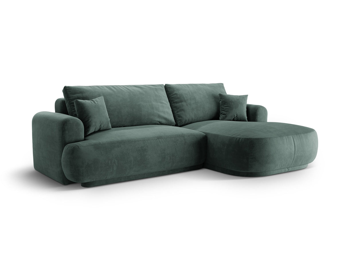 Ecksofa in Leichtes Beige mit Veloursbezug, ausgeklappter Bettfunktion, Stauraumfach und schwarzen Kunststoffbeinen von Micadoni.