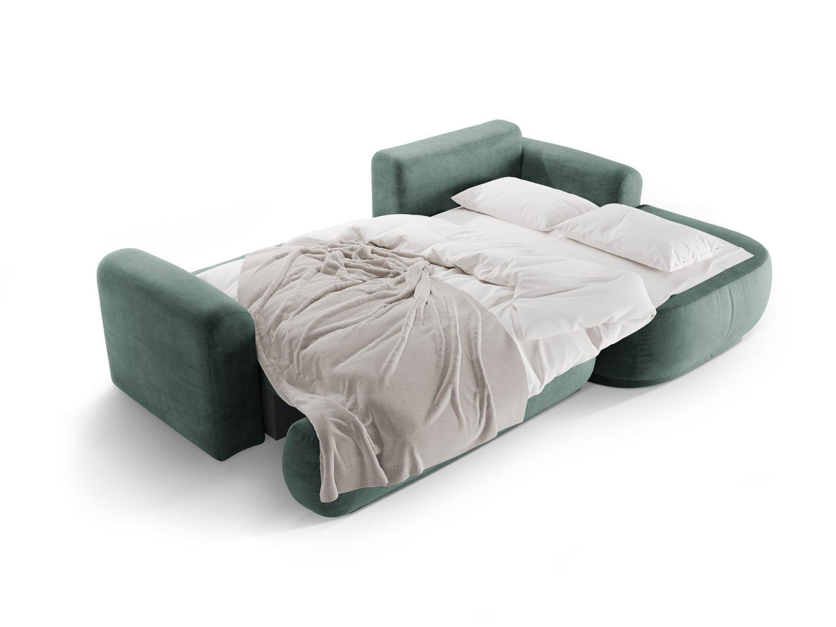 Ecksofa in Leichtes Beige mit Veloursbezug, ausgeklappter Bettfunktion, Stauraumfach und schwarzen Kunststoffbeinen von Micadoni.