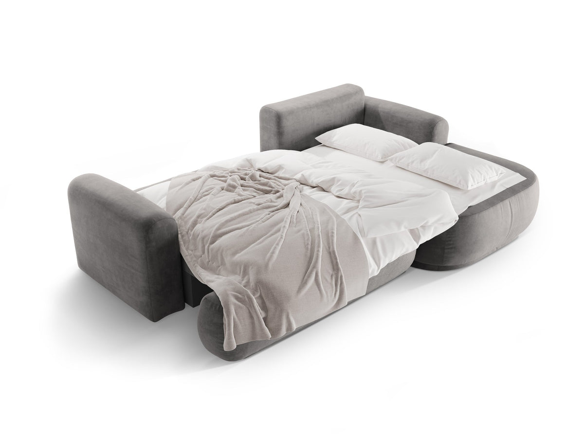 Ecksofa in Leichtes Beige mit Veloursbezug, ausgeklappter Bettfunktion, Stauraumfach und schwarzen Kunststoffbeinen von Micadoni.