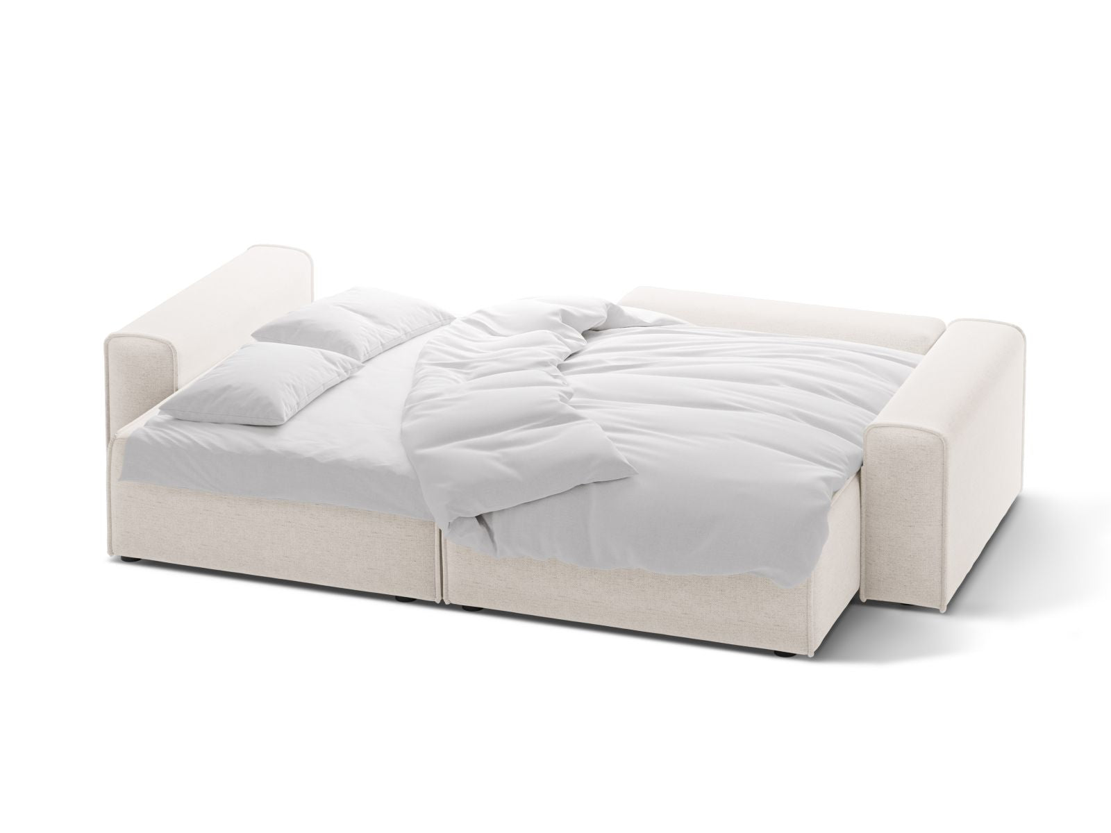 Modernes 3-Sitzer Ecksofa Victor in hellem Beige, perfekt für stilvolle Wohnzimmer, mit komfortabler Schlaffunktion und integriertem Stauraum.