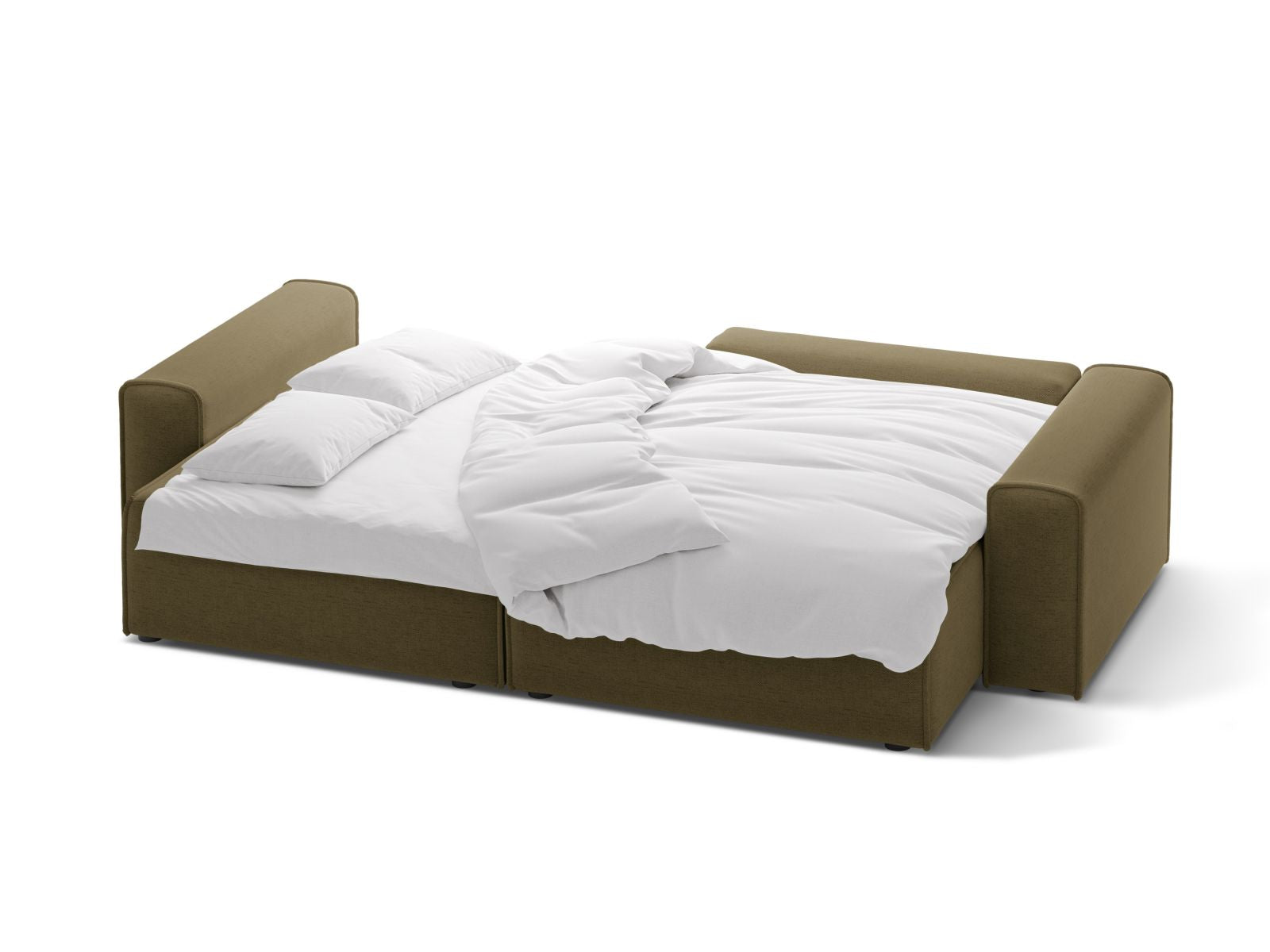 Modernes 3-Sitzer Ecksofa Victor in trendigem Grün, ausgestattet mit Schlaffunktion und Stauraum, perfekt für gemütliche Abende.