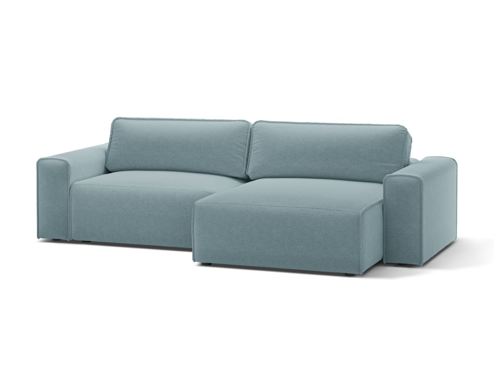 Elegantes 3-Sitzer Ecksofa Victor in sanftem Hellblau, ideal für Schlafkomfort und praktischen Stauraum, perfekt für jedes Wohnzimmer.