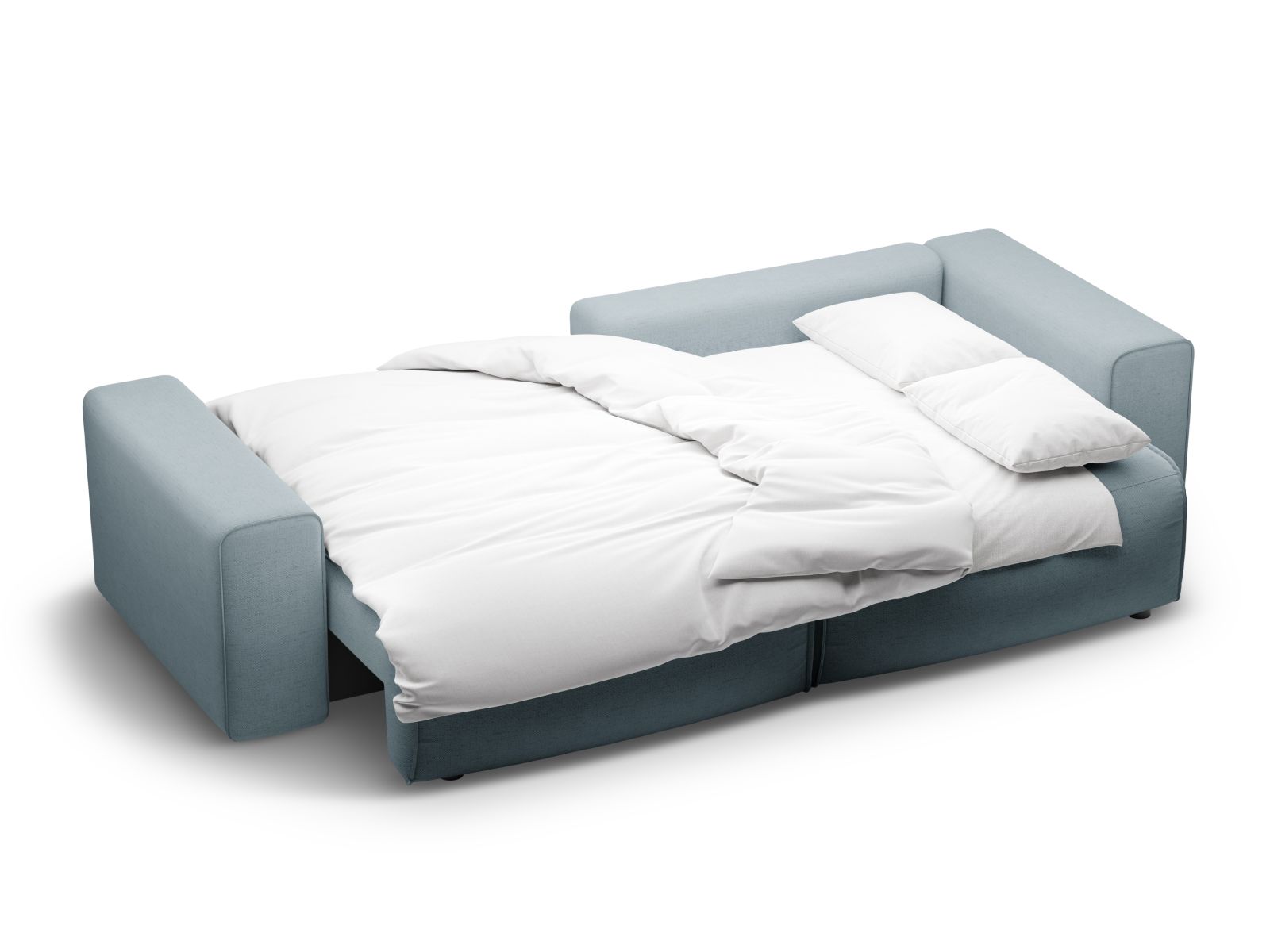 Modernes 3-Sitzer Ecksofa Victor in zartem Hellblau, bietet Schlaffunktion und praktischen Stauraum für zusätzlichen Komfort.