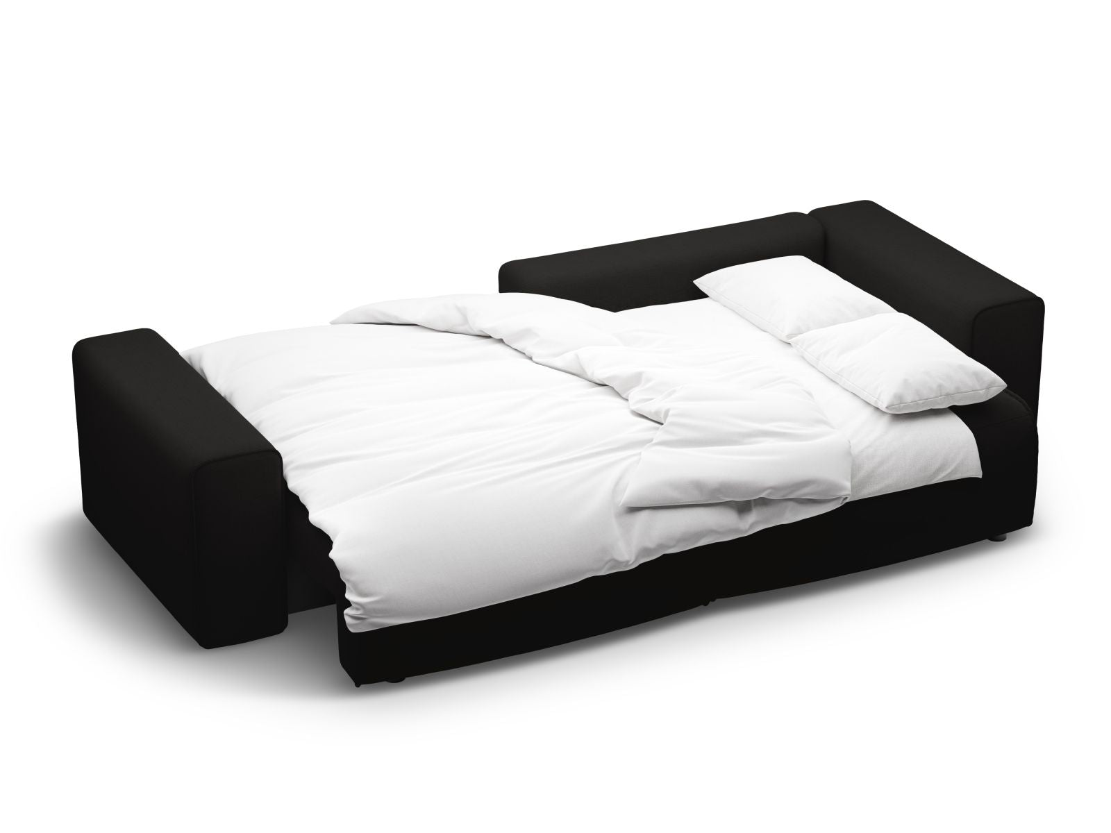 Modernes 3-Sitzer Ecksofa Victor in stilvollem Schwarz, perfekt für Gästeübernachtungen und mit praktischem Stauraum für Kissen und Decken.