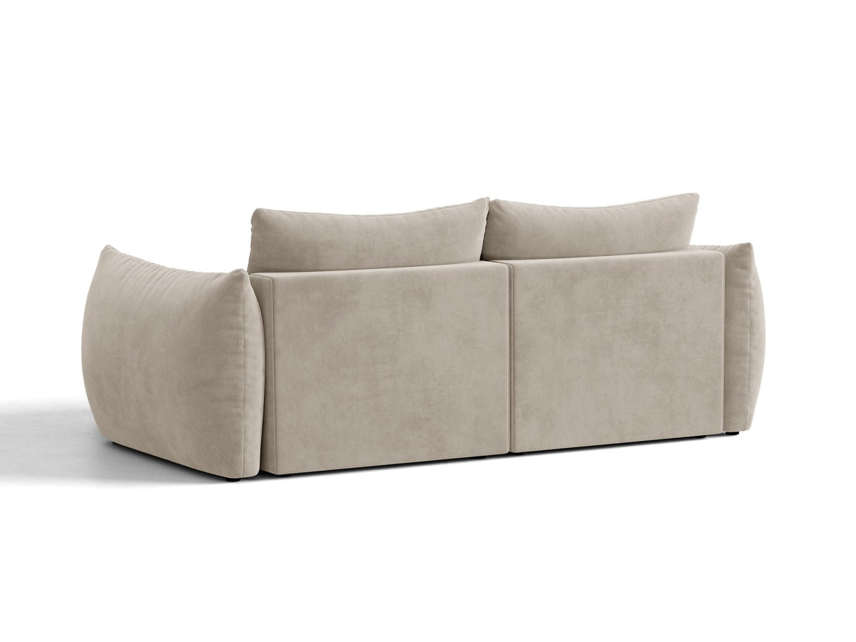 Ecksofa Bloom mit Schlaffunktion von Micadoni in Sand, Bettsofa rechts mit Casino-Veloursbezug und schwarzen Kunststoffbeinen.
