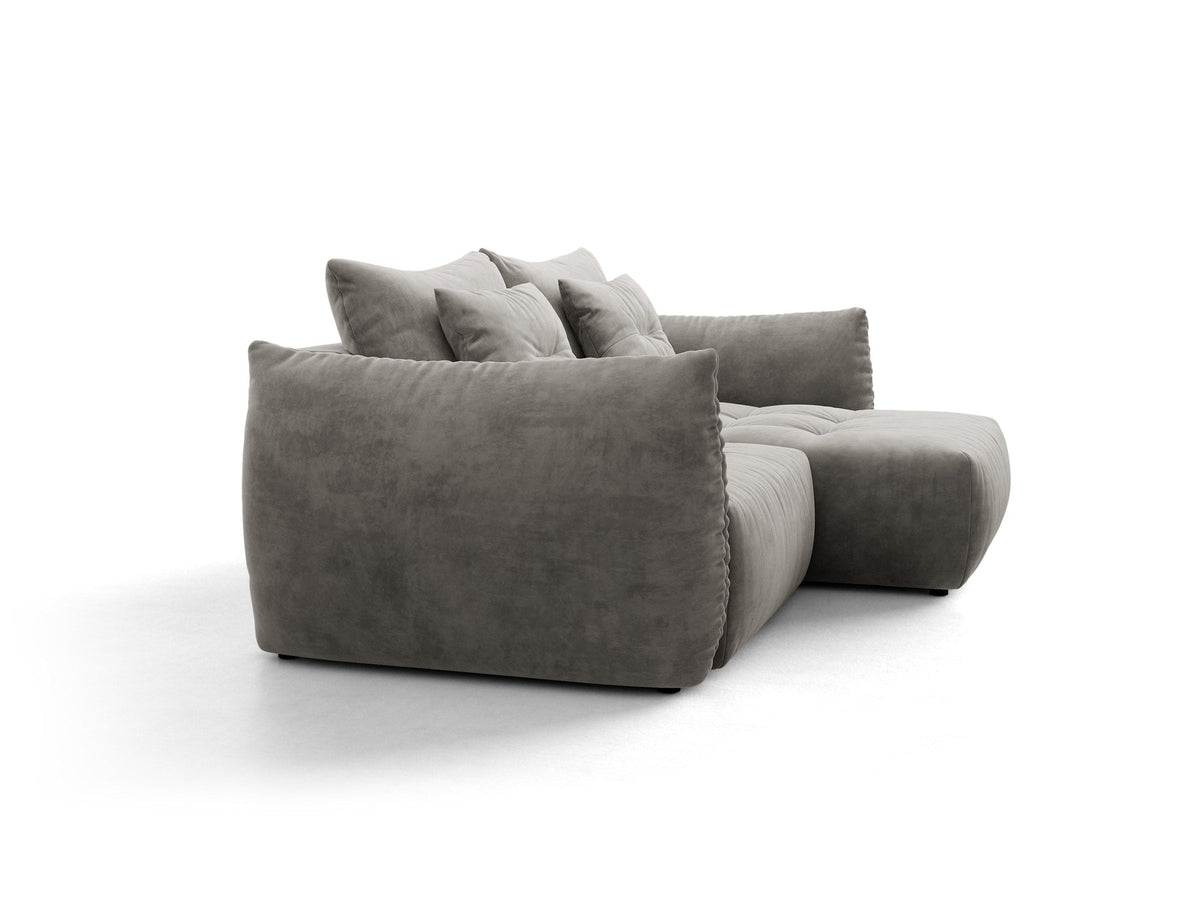 Ecksofa Bloom mit Schlaffunktion von Micadoni in Sand, Bettsofa rechts mit Casino-Veloursbezug und schwarzen Kunststoffbeinen.