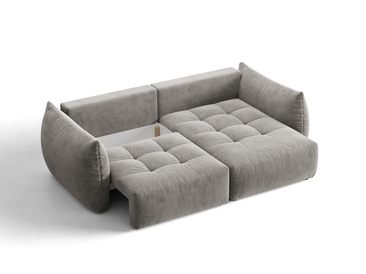 Ecksofa Bloom mit Schlaffunktion von Micadoni in Sand, Bettsofa rechts mit Casino-Veloursbezug und schwarzen Kunststoffbeinen.