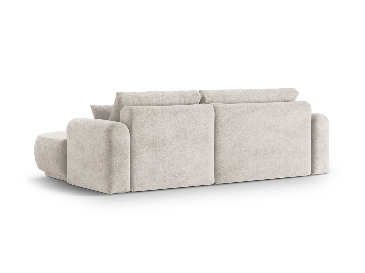 Ecksofa in Leichtes Beige mit Veloursbezug, ausgeklappter Bettfunktion, Stauraumfach und schwarzen Kunststoffbeinen von Micadoni.