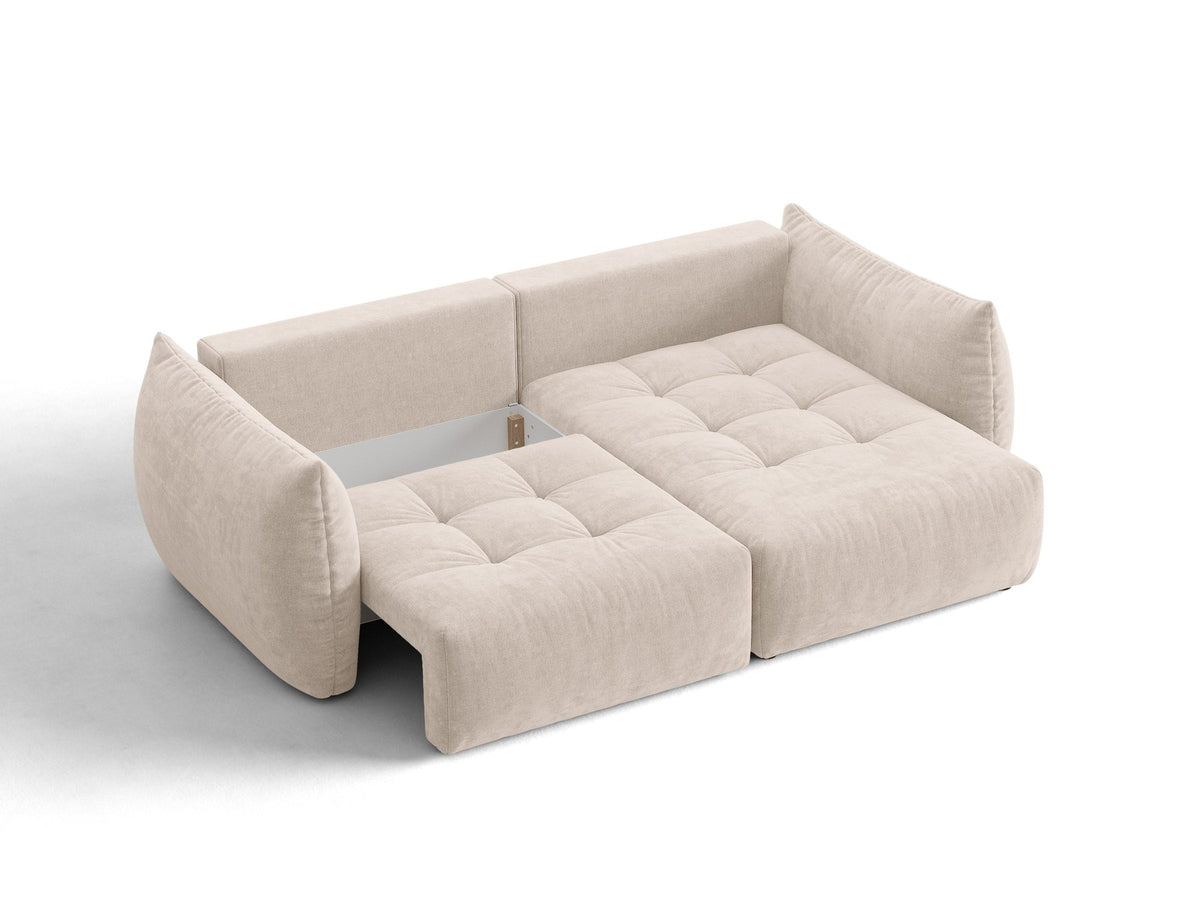 Ecksofa Bloom mit Schlaffunktion von Micadoni in Sand, Bettsofa rechts mit Casino-Veloursbezug und schwarzen Kunststoffbeinen.