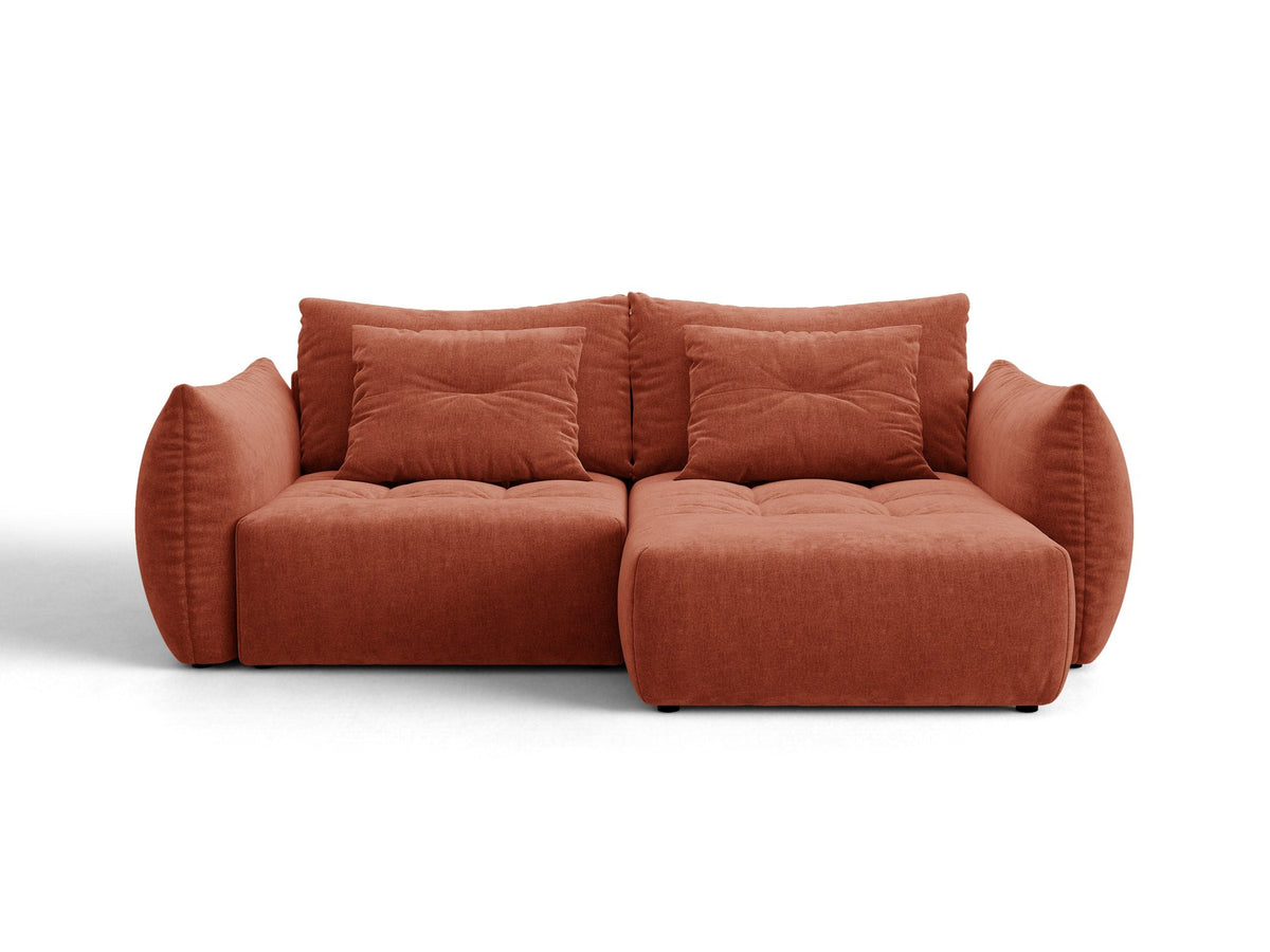Ecksofa Bloom mit Schlaffunktion von Micadoni in Sand, Bettsofa rechts mit Casino-Veloursbezug und schwarzen Kunststoffbeinen.