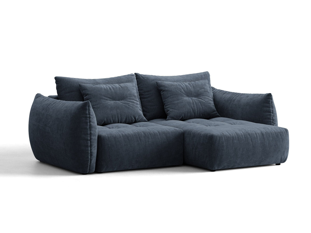 Ecksofa Bloom mit Schlaffunktion von Micadoni in Sand, Bettsofa rechts mit Casino-Veloursbezug und schwarzen Kunststoffbeinen.