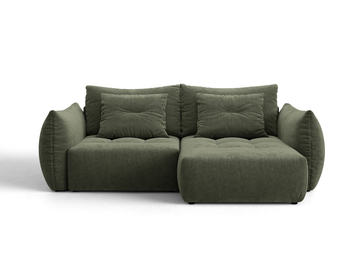 Ecksofa Bloom mit Schlaffunktion von Micadoni in Sand, Bettsofa rechts mit Casino-Veloursbezug und schwarzen Kunststoffbeinen.