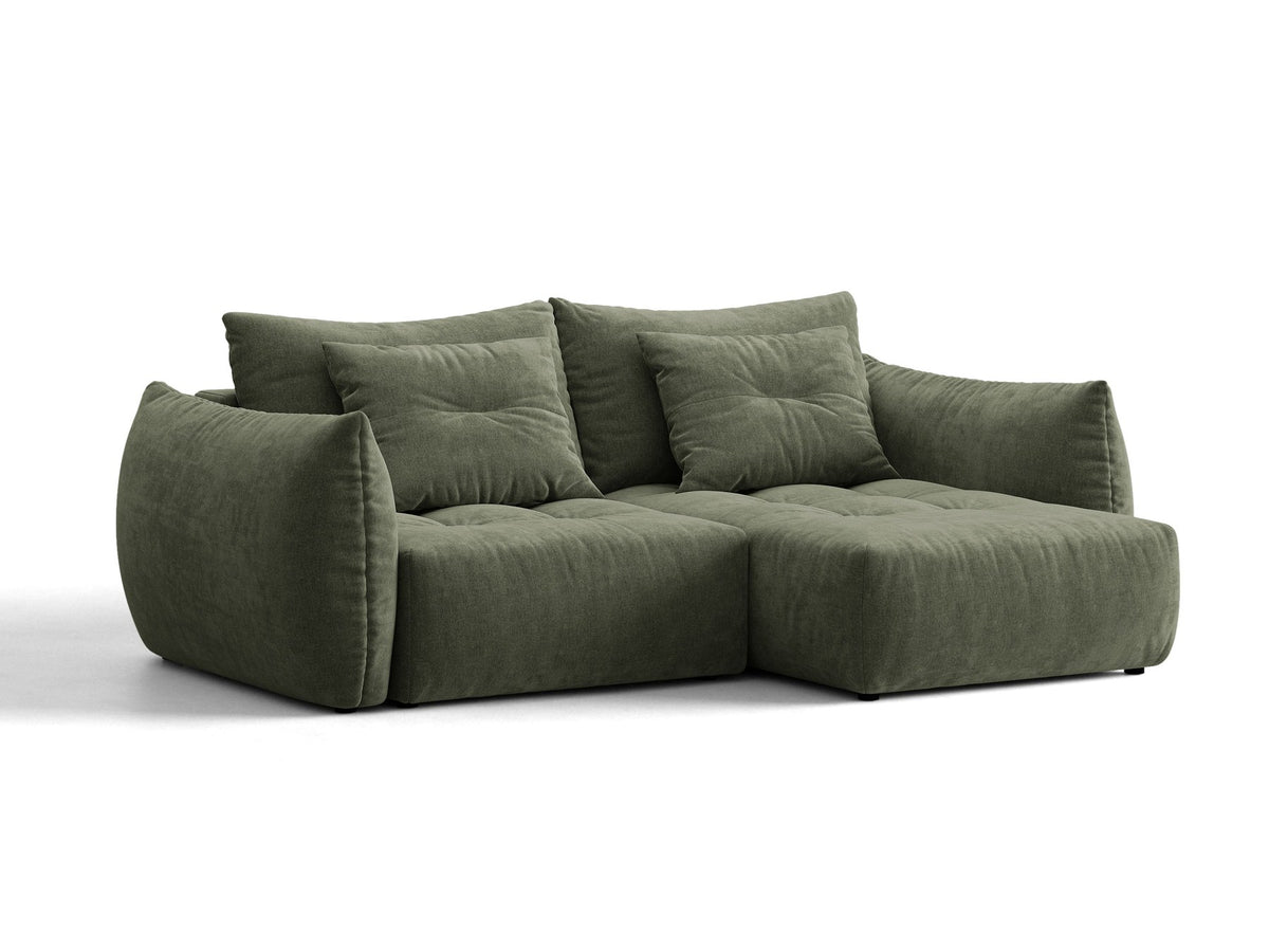 Ecksofa Bloom mit Schlaffunktion von Micadoni in Sand, Bettsofa rechts mit Casino-Veloursbezug und schwarzen Kunststoffbeinen.