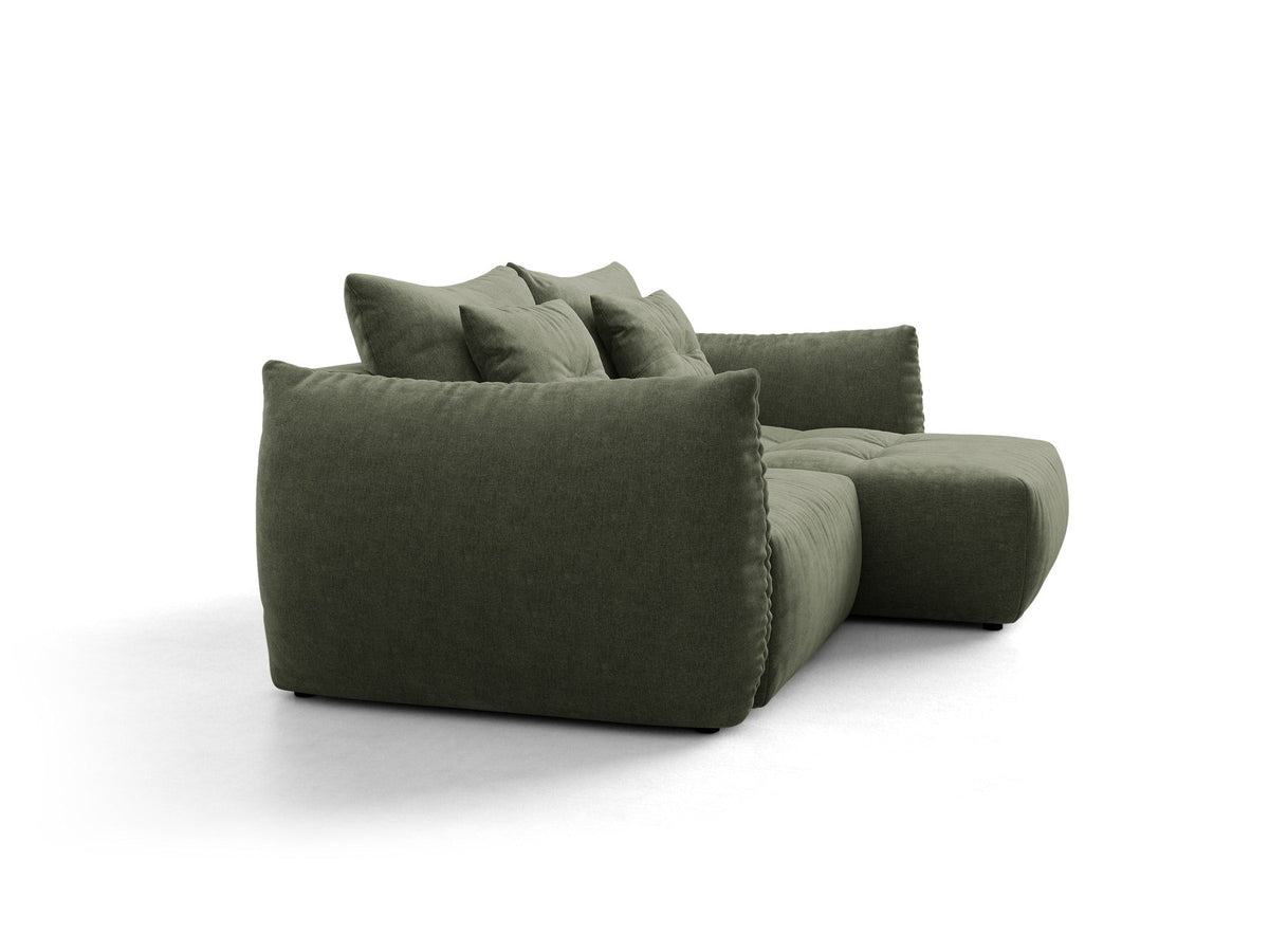 Ecksofa Bloom mit Schlaffunktion von Micadoni in Sand, Bettsofa rechts mit Casino-Veloursbezug und schwarzen Kunststoffbeinen.