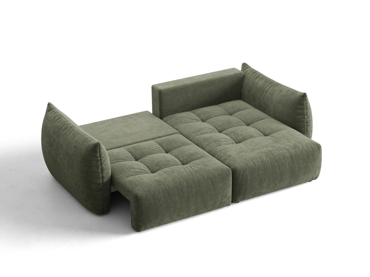 Ecksofa Bloom mit Schlaffunktion von Micadoni in Sand, Bettsofa rechts mit Casino-Veloursbezug und schwarzen Kunststoffbeinen.
