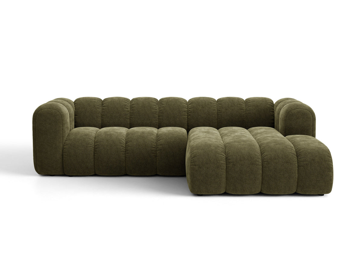 Beiges Ecksofa Lupine von Micadoni mit rechter Ausrichtung, Stoffbezug Eden Pearl, schwarzen Kunststoffbeinen und integriertem Bettkasten.