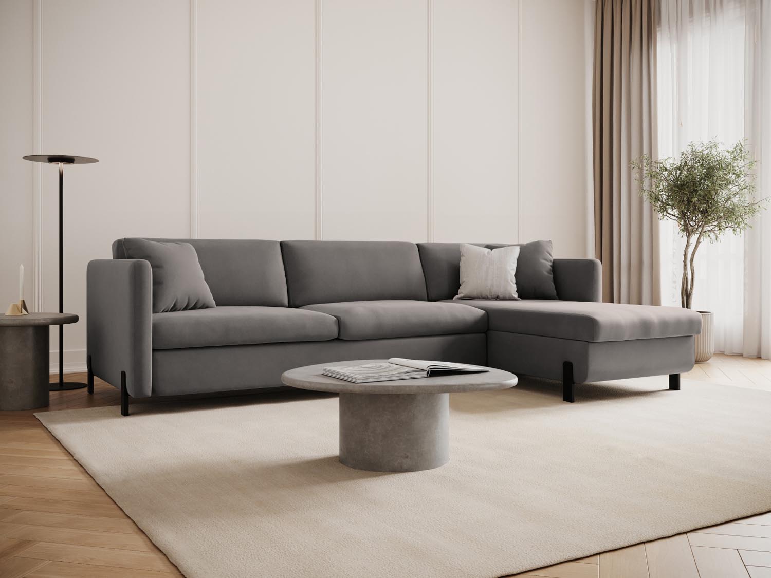 Elegantes Gloria Velour Ecksofa in Grau, 5-Sitzer mit Schlaffunktion und Stauraum, ideal für stilvolle Wohnräume.