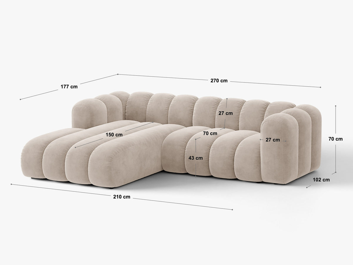 Beiges Ecksofa Lupine von Micadoni mit rechter Ausrichtung, Stoffbezug Eden Pearl, schwarzen Kunststoffbeinen und integriertem Bettkasten.
