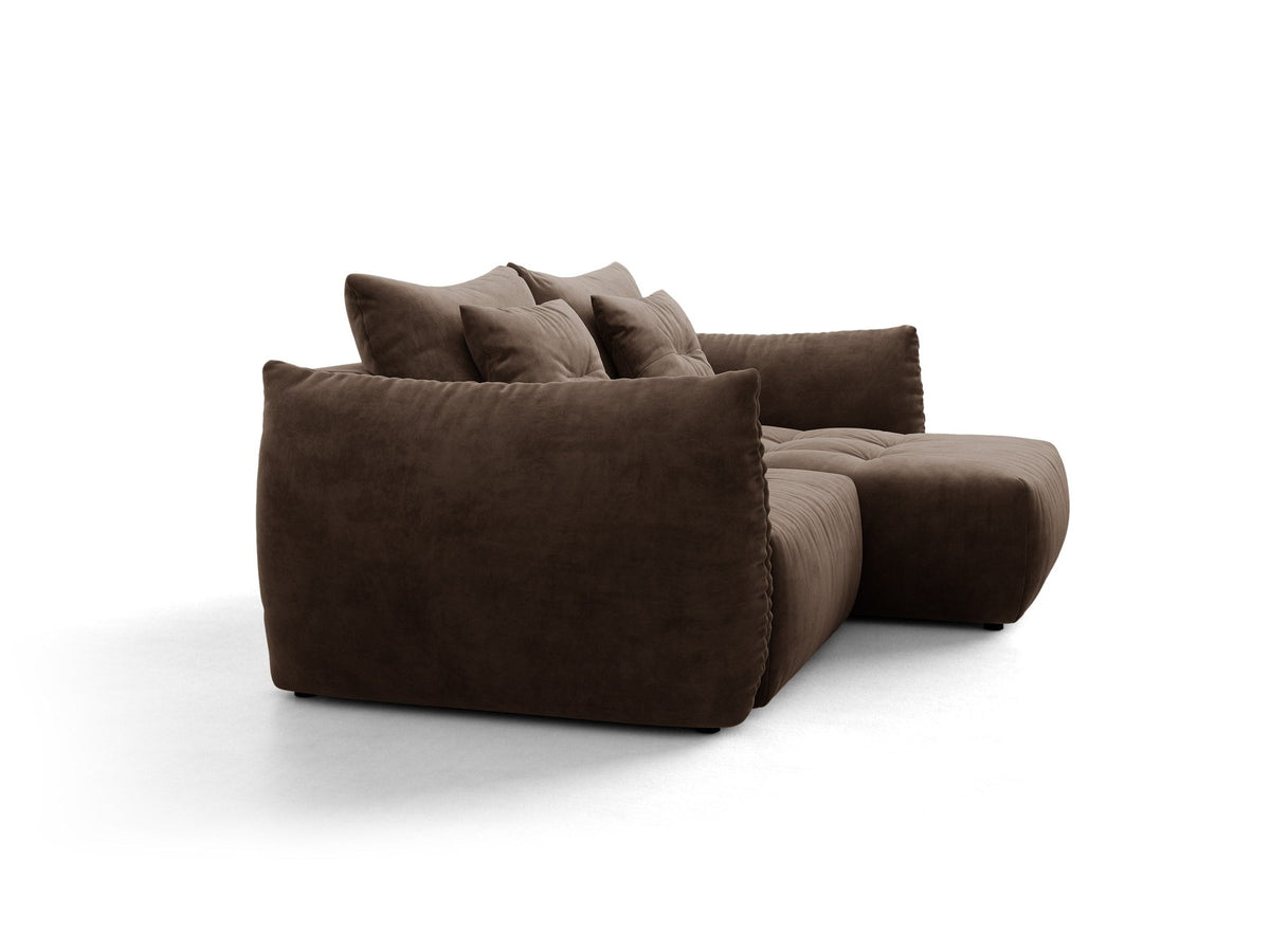 Ecksofa Bloom mit Schlaffunktion von Micadoni in Sand, Bettsofa rechts mit Casino-Veloursbezug und schwarzen Kunststoffbeinen.