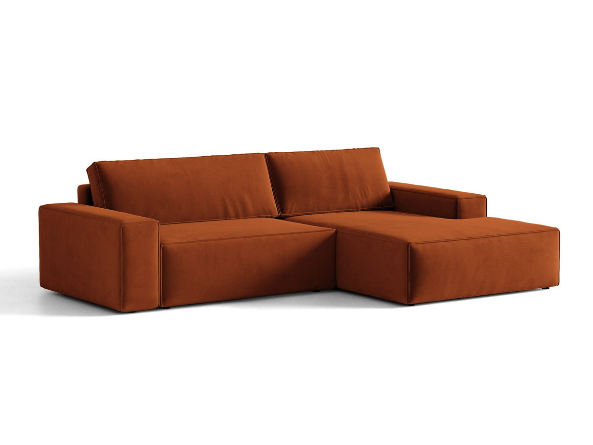 Braunes Ecksofa Jodie von Micadoni mit Bouclé-Stoffbezug, schwarzen Kunststoffbeinen und ausklappbarem Bettkasten, linke Ausrichtung.