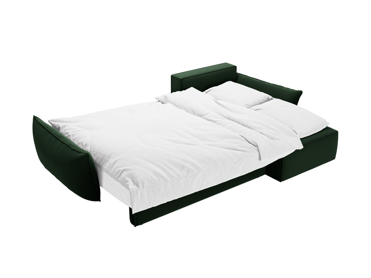 Beige Ecksofa Kaelle von Micadoni mit Chenille-Bezug, schwarzen Kunststoffbeinen und sichtbarem Bettkasten, rechts ausgerichtetes Bettsofa im Wohnraum.