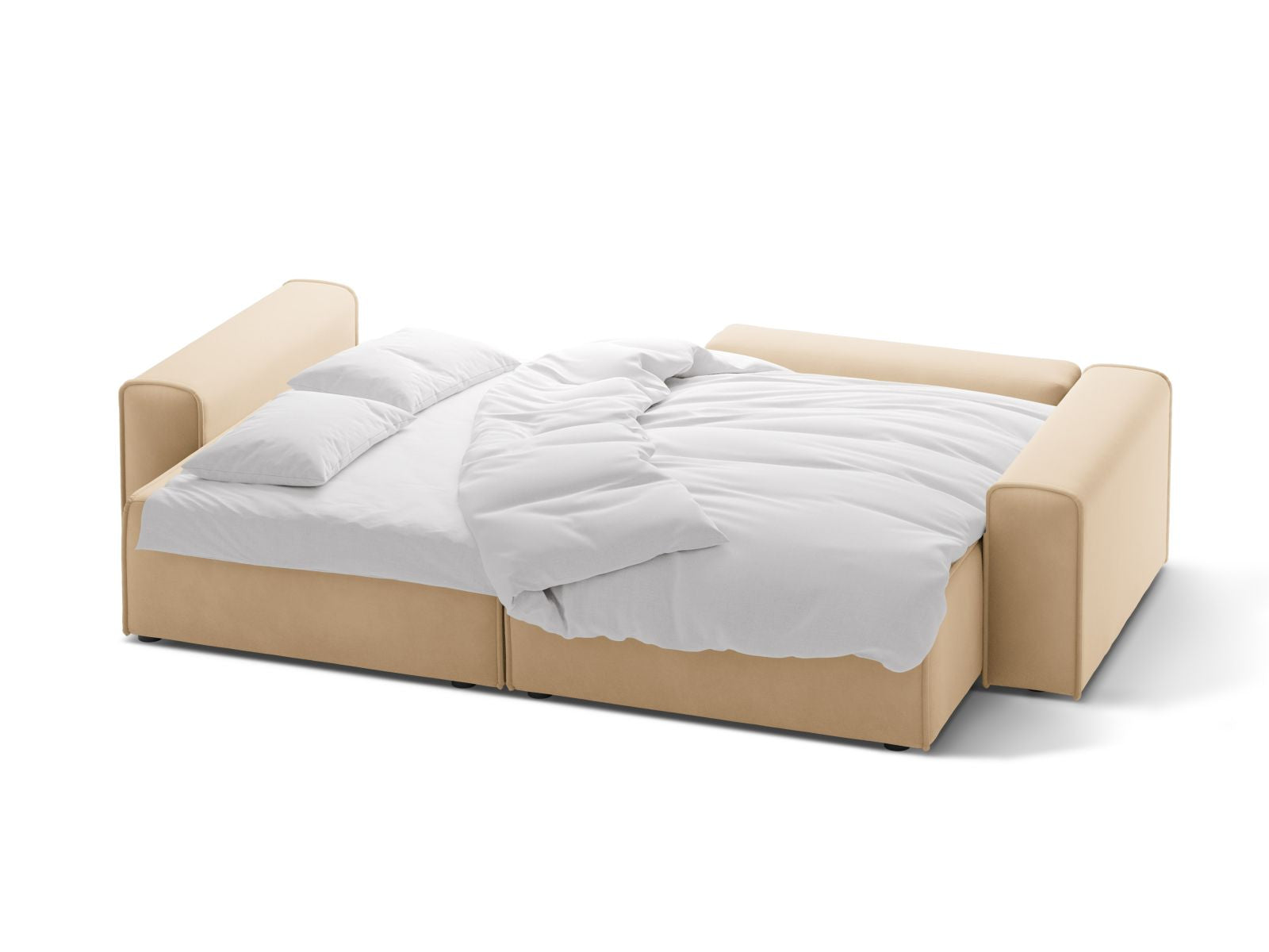 Modernes 3-Sitzer Ecksofa Victor in sanftem Nude-Paris, perfekt für stilvolle Wohnräume, mit praktischer Schlaffunktion und integriertem Stauraum.