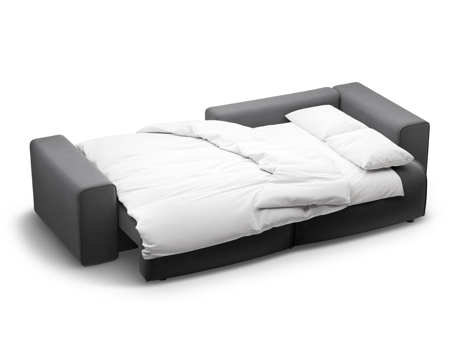 Modernes 3-Sitzer Ecksofa Victor in stilvollem Grau, perfekt für Gästeübernachtungen und mit cleverem Stauraum für Kissen und Decken.