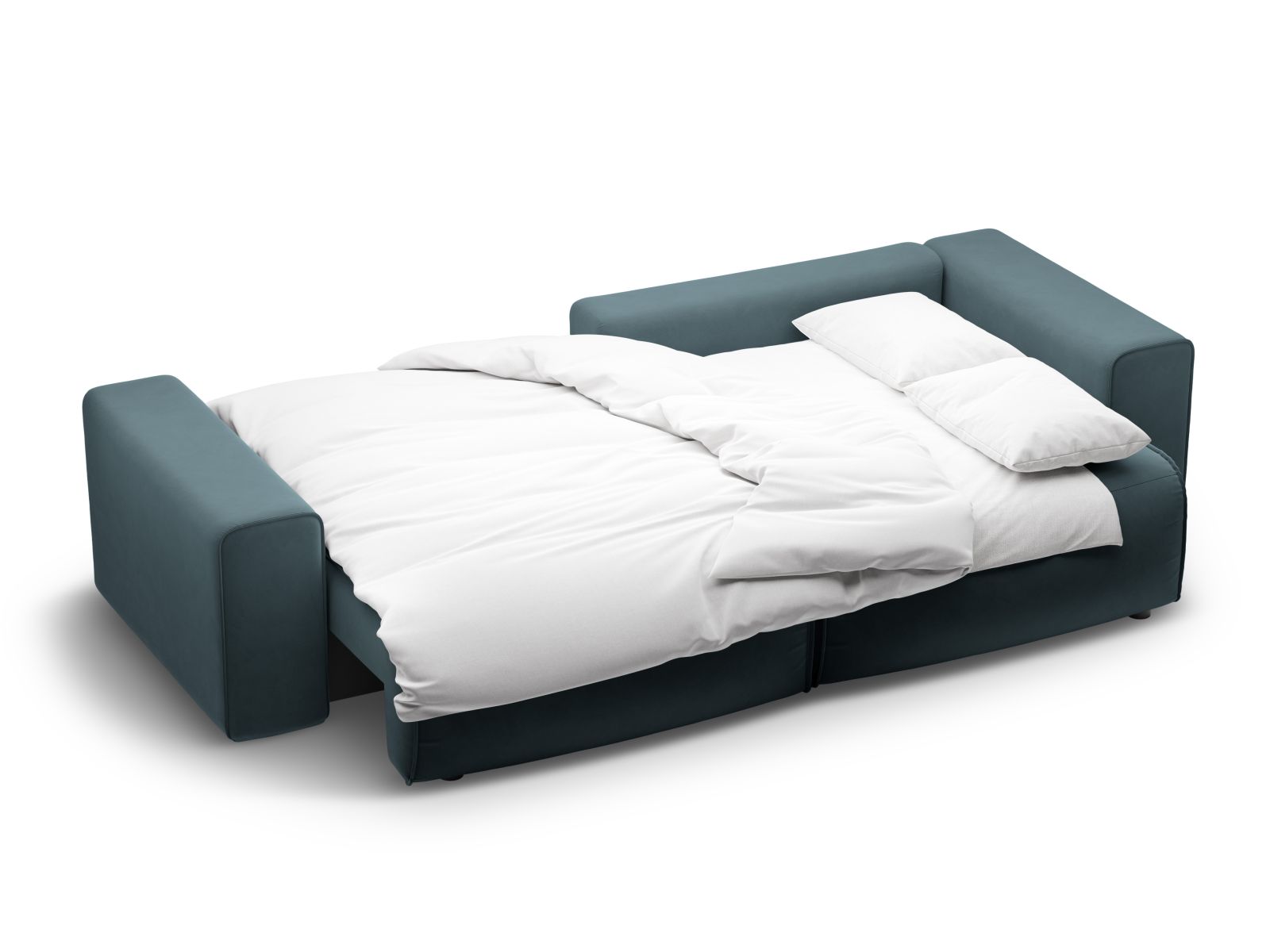 Stylisches Ecksofa Victor in Blau, bietet Platz für drei Personen, mit cleverer Schlaffunktion und praktischem Stauraum für mehr Komfort.